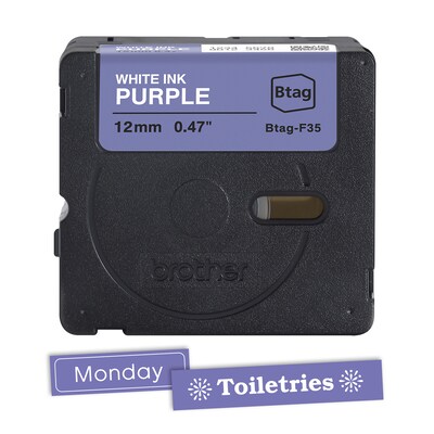 Brother P-touch Btag Label Tape, 1/2" x 13.1' (12mm x 4m), White on Purple (BTAGF35)