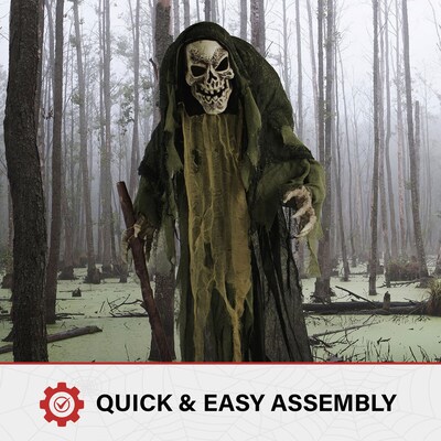 Haunted Hill Farm Life-Size Animatronic Skeleton Reaper Holding Staff (HHSKEL-7FLSA)