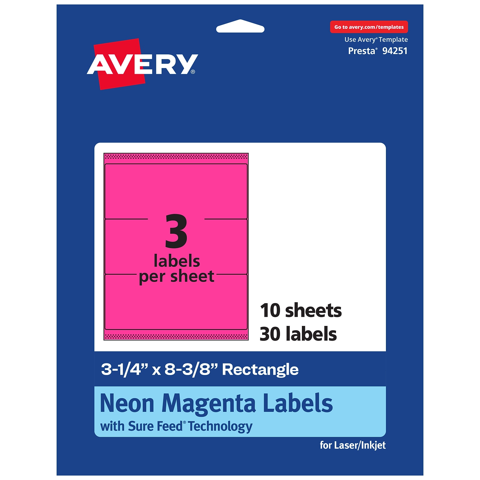 Avery Laser/Inkjet Rectangle Multipurpose Labels, 3-1/4 x 8-3/8, Neon Magenta, 30/Pack (94251)