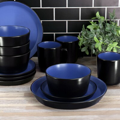 Elama Bacarra Stoneware Dinnerware Set, Black/Blue, 16 Piece (935120578M)