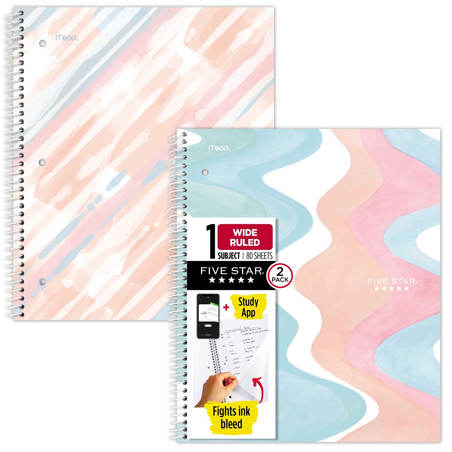 Five Star Brushy Moves 1-Subject Notebooks, 8.5 x 11, Wide-Ruled, 80 Sheets, Assorted Colors, 2/Pack (930060)