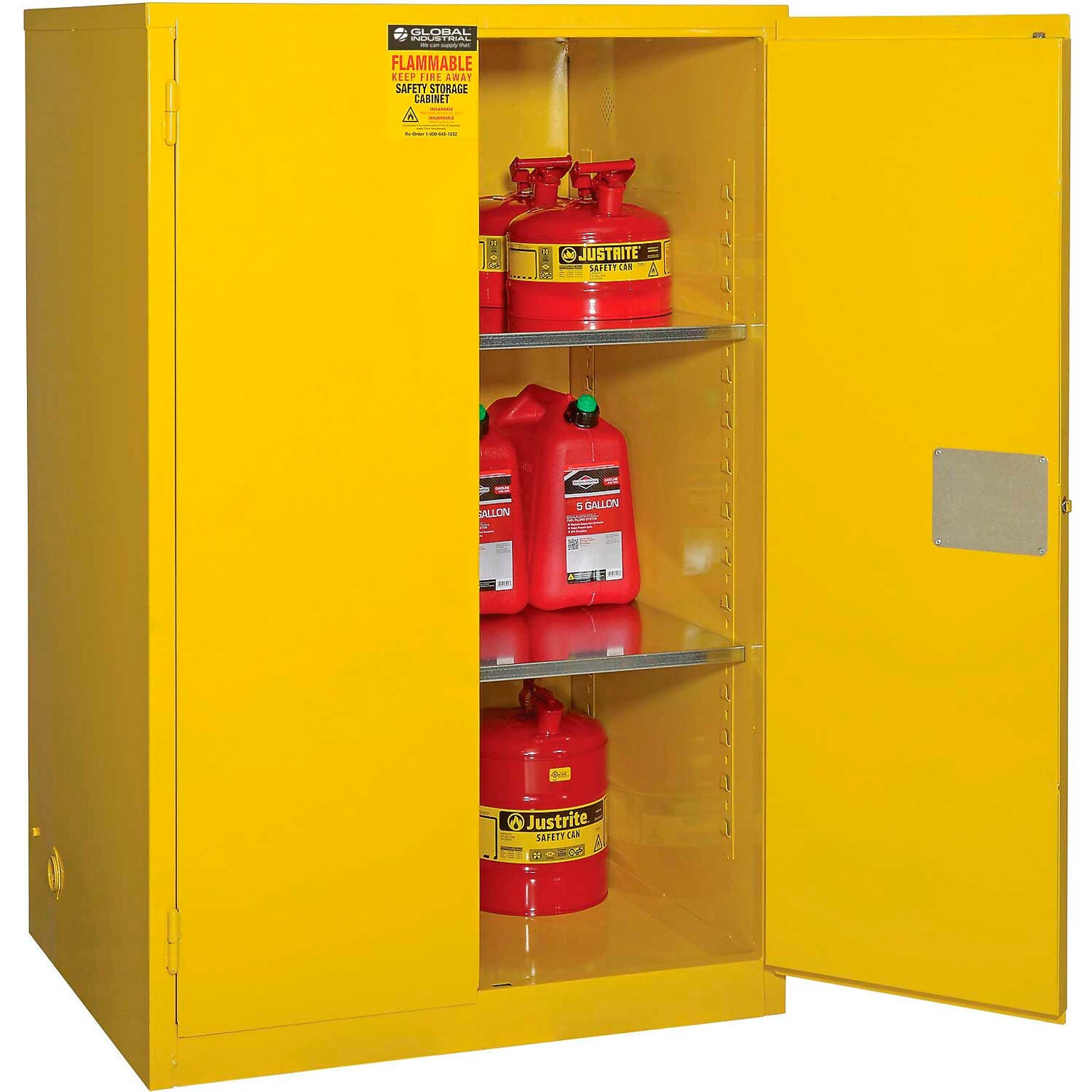 Global Industrial Flammable Cabinet, Manual Close Double Door, 90 Gallon, 43W x 34D x 65H