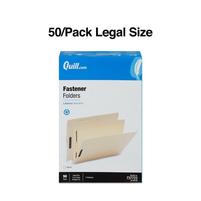 Quill Brand® Heavy-Duty Reinforced Straight Cut 2-Fastener File Folders, Legal, Manila, 50/Box (737523)
