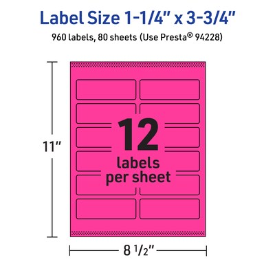Avery Laser/Inkjet Rectangle Multipurpose Labels, 1.25" x 3.75", Neon Magenta, 960/Box (94228)