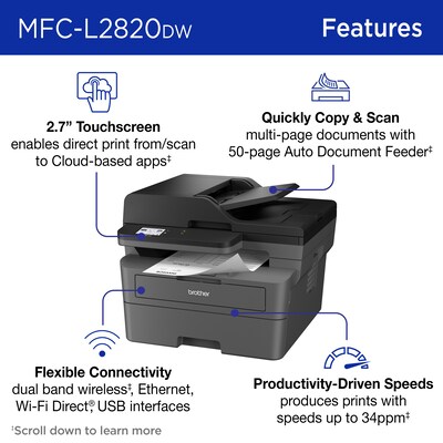 Brother MFC-L2820DW Compact Wireless Black & White Printer, All-In-One, Print, Scan, Copy, Fax, Refr