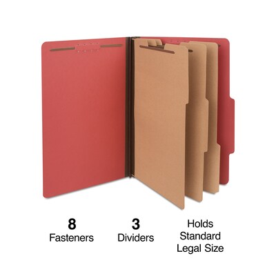 Quill Brand® 2/5-Cut Tab Pressboard Classification File Folders, 3-Partitions, 8-Fasteners, Legal, Red, 15/Bx (7-45030)