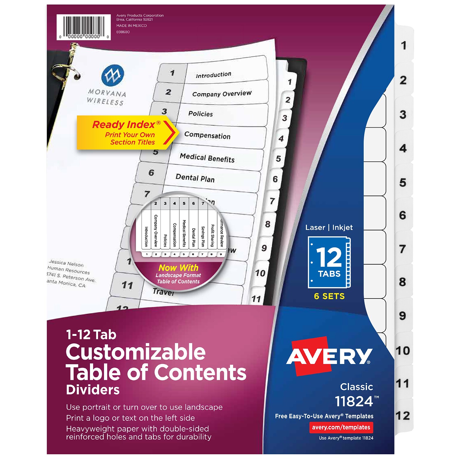 Avery Ready Index Table of Contents Paper Dividers, 1-12 Tabs, White, 6 Sets/Pack (11824)