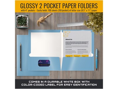 Better Office Glossy 2-Pocket Portfolio Folder, Light Blue, 25/Pack (80186-25PK)