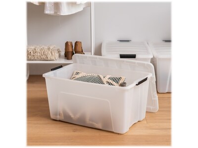 Iris Stack & Pull 72 Qt. Latch Lid Storage Bin, Translucent White/Black, 3/Pack (580106)