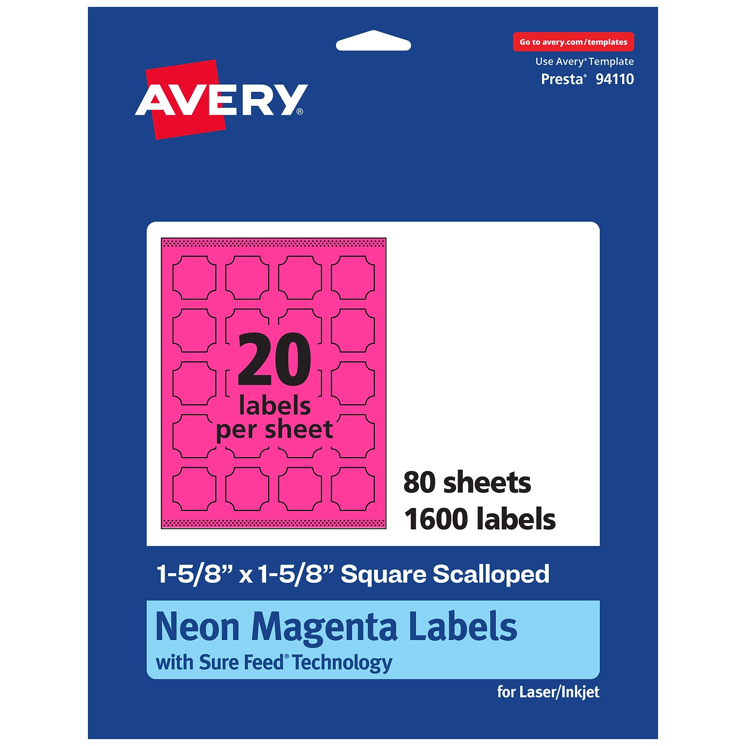 Avery Square Scalloped Laser/Inkjet Multipurpose Labels, 1-5/8 x 1-5/8, Neon Magenta (1600/Box)