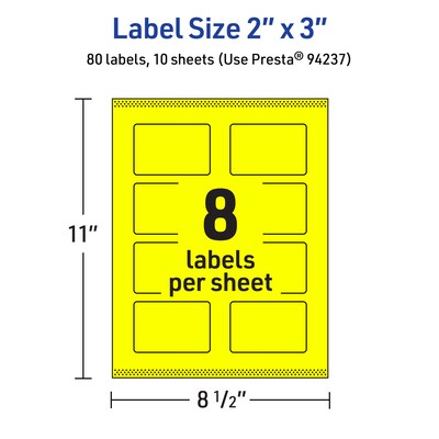 Avery Laser/Inkjet Multipurpose Rectangle Labels, 2" x 3", Neon Yellow, 80/Pack (94237)