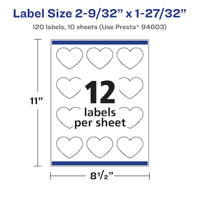 Avery Waterproof Heart Shaped Laser/Inkjet Multipurpose Labels, 1.8438" x 2.2813", White, 120/Pack (94603)