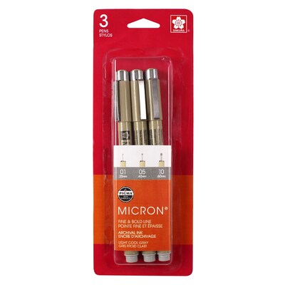 Sakura Pigma Micron Pen, Fineliner, Gray/Silver Ink, 3/Bundle (SAK50162-3)
