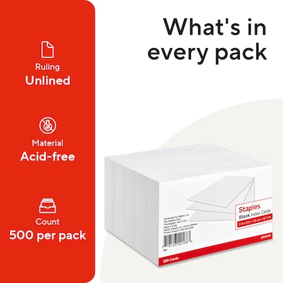Staples Index Cards, 3" x 5", Blank, White, 500 Pack – Unruled Cards for Flashcards, Notes & Organization