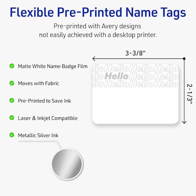 Avery Adhesive Name Tags, Pre-printed Silver Hello Pattern Design