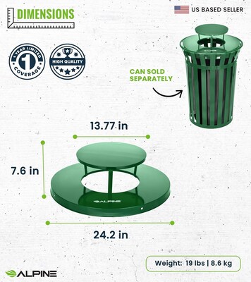 Alpine Industries Metal Outdoor Rain Bonnet Lid for 38-Gallon Waste Receptacle, Green (479-38-A-GRN)