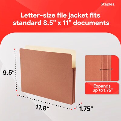 Staples Expanding File Pockets, Letter Size, 1.75-Inch Expansion, Durable Brown Gusseted Folders – 25/Pack