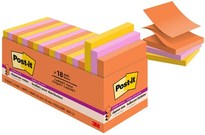Post-it Super Sticky Pop-up Notes, 3 x 3, Energy Boost Collection, 90 Sheet/Pad, 18 Pads/Pack (R33