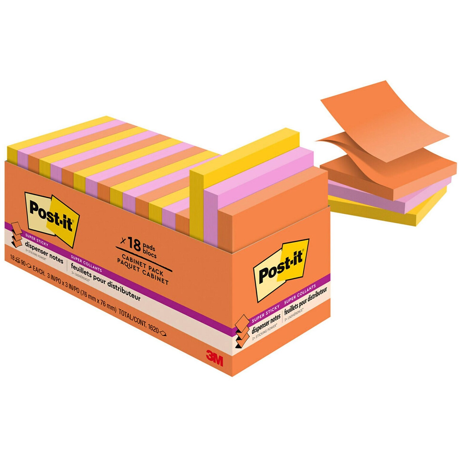 Post-it Super Sticky Pop-up Notes, 3 x 3, Energy Boost Collection, 90 Sheet/Pad, 18 Pads/Pack (R33018SSAUCP)
