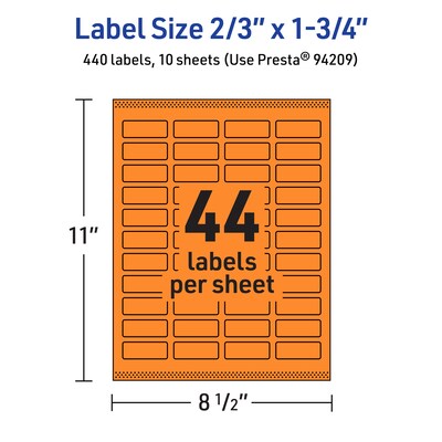 Avery Laser/Inkjet Multipurpose Rectangle Labels, 2/3" x 1-3/4", Bright Orange, 440/Pack (94209)