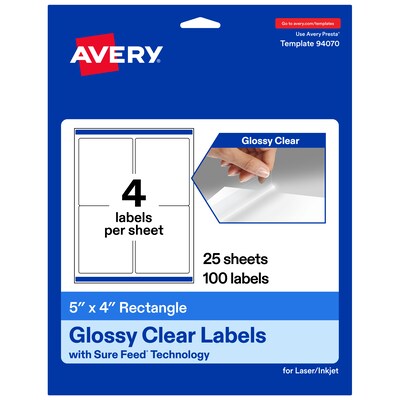 Avery Rectangle Laser/Inkjet Multipurpose Labels, Clear, 4 Labels/Sheet, 25 Sheets/Pack (19479311180)