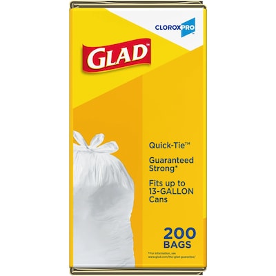 Glad Quick Tie Tall 13 Gallon Flap Tie Kitchen Trash Bag, White, 200 Total Bags (15931)