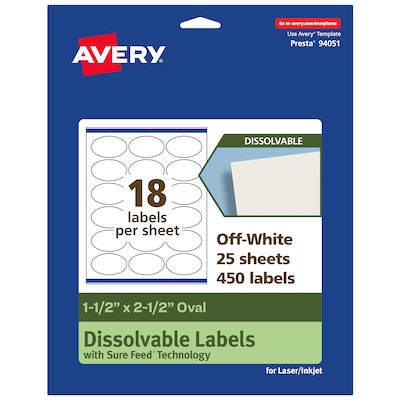 Avery Dissolvable Oval Multipurpose Labels, 1.5 x 2.5, Off-white, 450/Pack (94051)