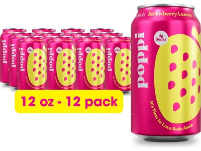 Poppi Prebiotic Strawberry Lemon Soda, 12 fl. oz., 12 Cans/Case (XNA71014)