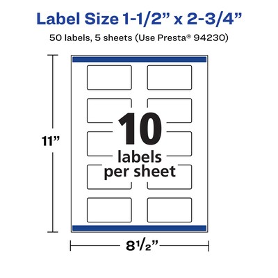 Avery Laser/Inkjet Waterproof Multipurpose Rectangle Labels, 1.5" x 2.75", White, 50 Labels/Pack (94230)