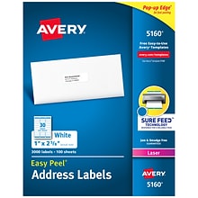 Avery Easy Peel Laser Address Labels, 1 x 2-5/8, White, 30 Labels/Sheet, 100 Sheets/Box (5160)