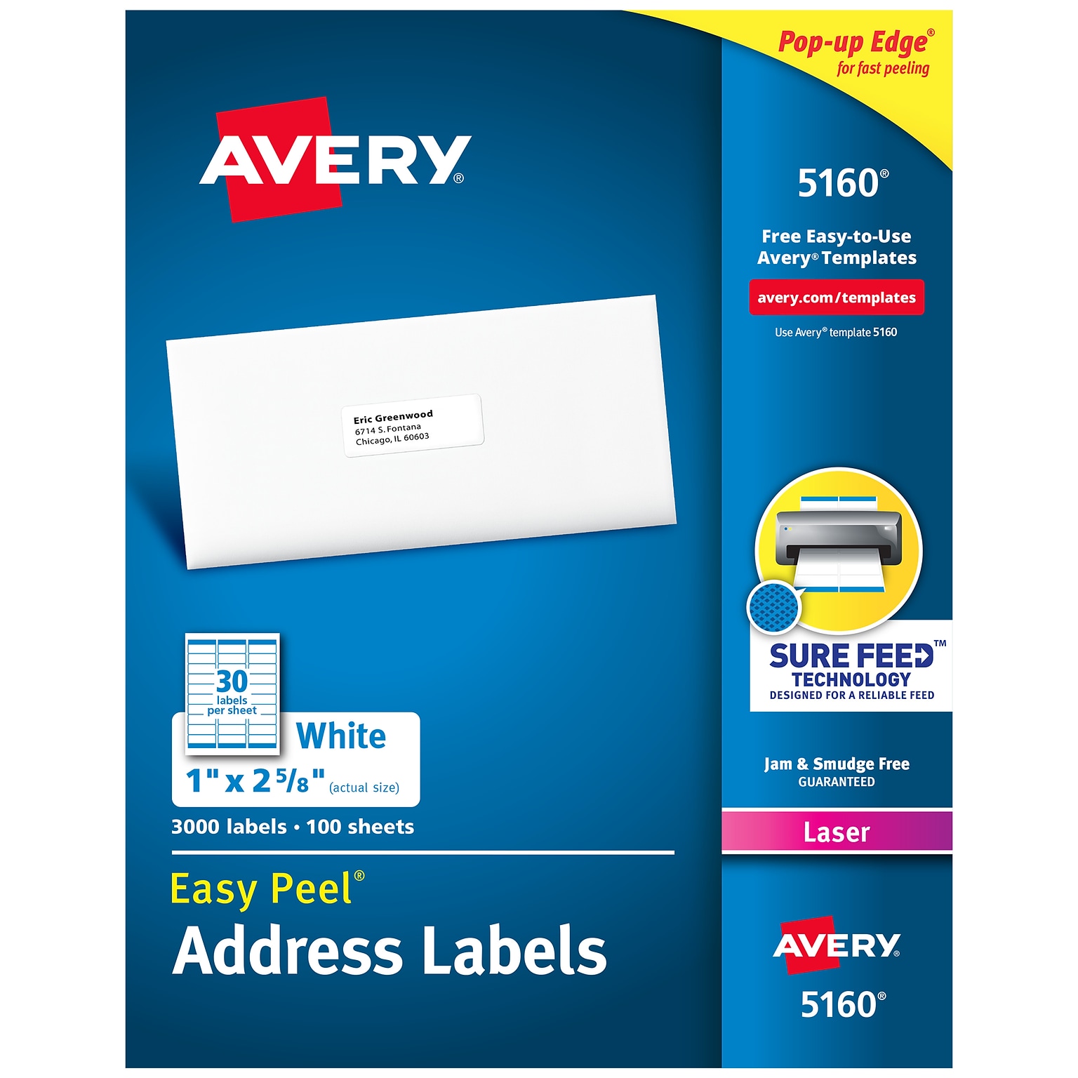 Avery Easy Peel Laser Address Labels, 1 x 2-5/8, White, 3,000 Labels/Box (5160)
