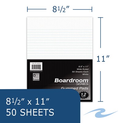 Roaring Spring Paper Products Boardroom Notepad, 8.5" x 11", Wide Ruled, White, 50 Sheets/Pad, 12 Pads/Pack, 6 Packs/Carton