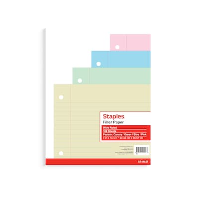 Staples Wide Ruled Filler Paper, 8 x 10.5, Assorted Colors, 100 Sheets/Pack (TR41637)