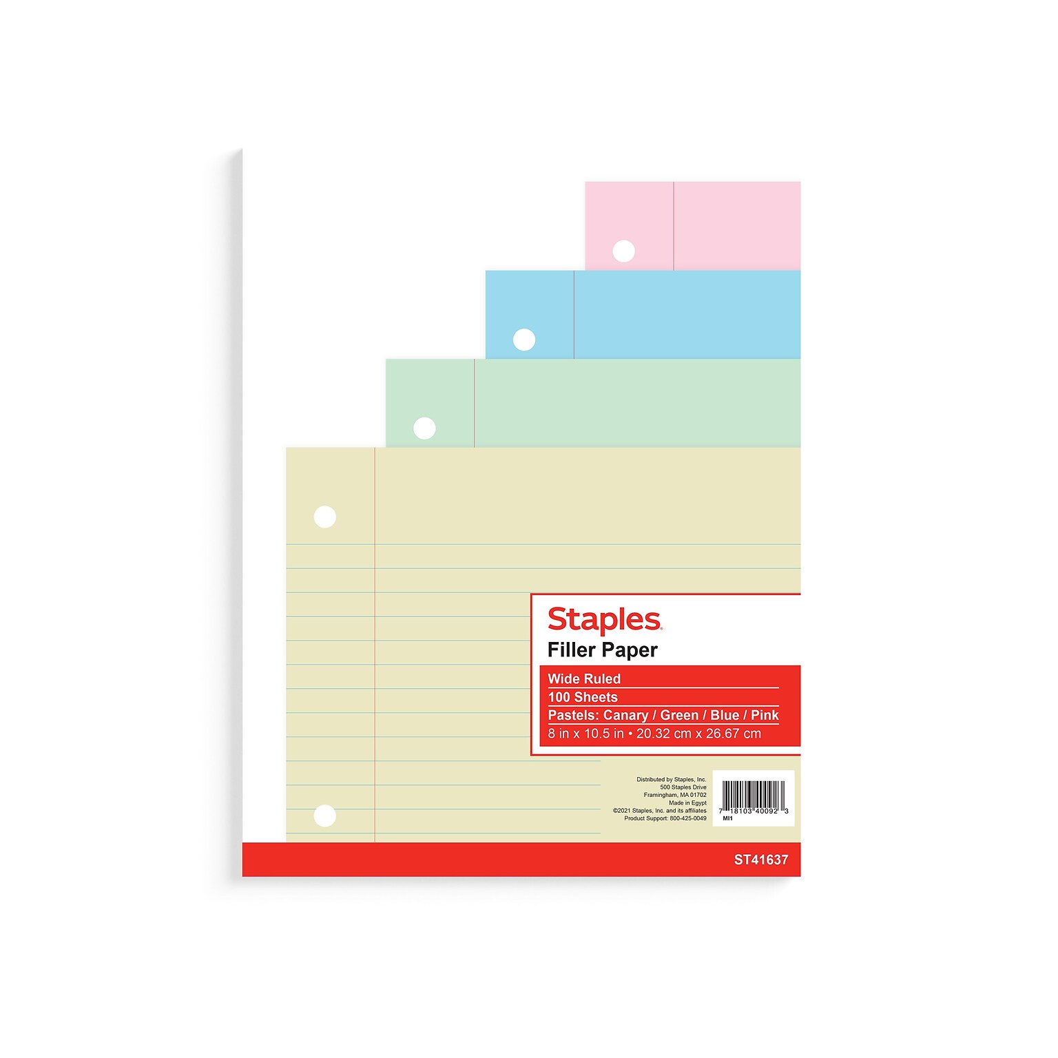 Staples Wide Ruled Filler Paper, 8 x 10.5, Assorted Colors, 100 Sheets/Pack (TR41637)