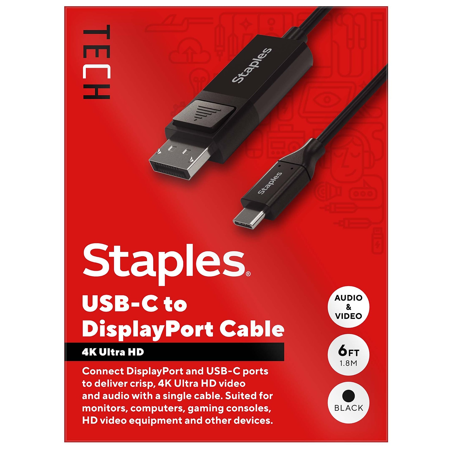 Staples TECH 6 ft. USB-C to Display Port Audio/Video Cable, Male to Male, Black (ST62471)