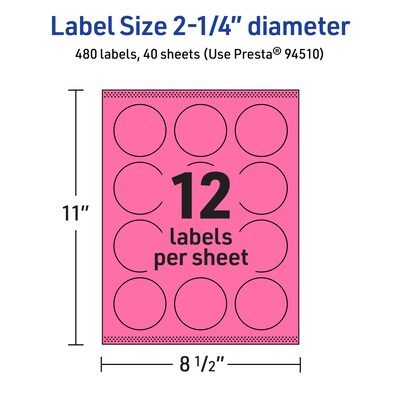 Avery Laser/Inkjet Round Multipurpose Labels, 2.25" Dia., Bright Pink, 480/Pack (94510)