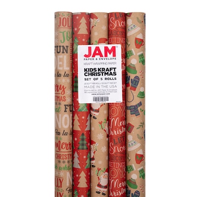 JAM PAPER Assorted Gift Wrap, Christmas Kraft Wrapping Paper, 125 Sq Ft Total, Kids Kraft Christmas Set, 5 Rolls/Pack