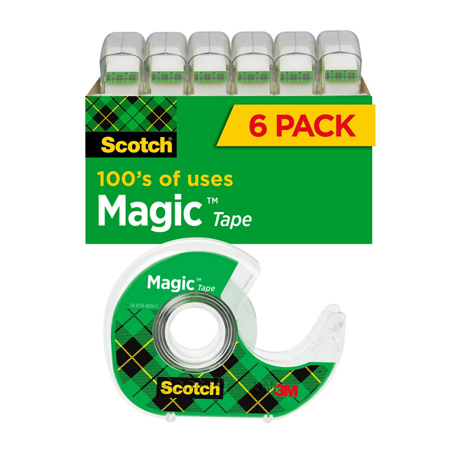 Scotch Magic Tape with Refillable Dispenser, Invisible, Write On, Matte Finish, 3/4 x 18.05 yds., 1 Core, 6/Pack (6122MP)