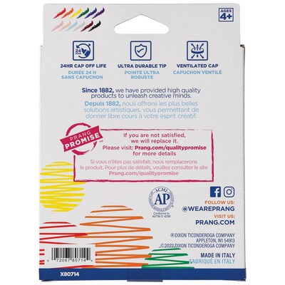 Prang Washable Water Based Markers, Fine Tip, Assorted Colors, 12/Pack (80714)