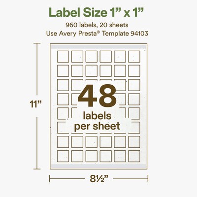 Avery Hemp Square Laser/Inkjet Multipurpose Labels, 1" x 1", Off-White (960/Pack)