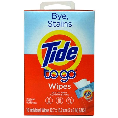 Tide To Go Wipes, 10 Wipes/Pack, 6 Packs/Bag, 18 Bags/Carton
