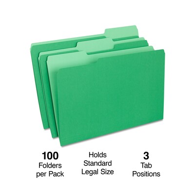 Quill Brand® File Folders, Assorted Tabs, 1/3-Cut, Legal, Green, 100/Box (741013GR)