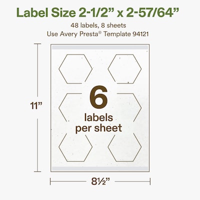 Avery Hemp Hexagon Laser/Inkjet Multipurpose Labels, 2-1/2" x 2-57/64", Off-White (48/Pack)