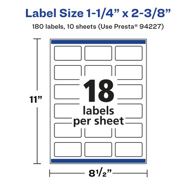Avery Laser/Inkjet Rectangle Multipurpose Labels, 2.375"  x 1.25", Glossy White, 180/Pack (94227)