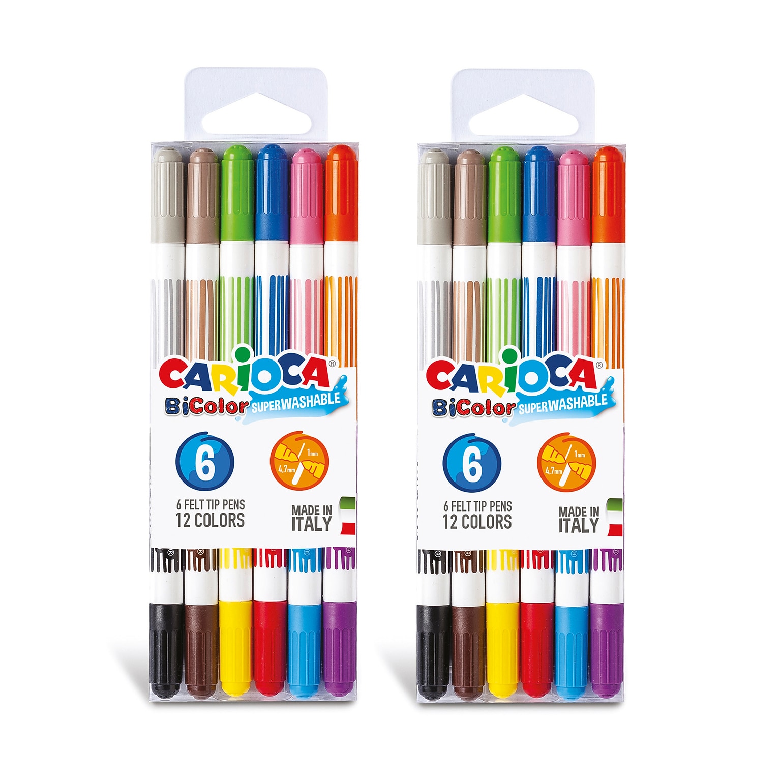 CARIOCA BiColor Washable Kids Markers, Twin Tip, Assorted Colors, 6/Pack, 2/Bundle (CRA42269-2)