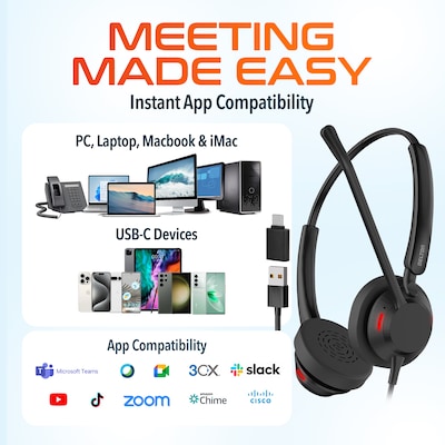 Delton 62Y MS Teams Noise-Canceling On-Ear Computer Headset with 3-Mics, USB Type-A & Type C, Black (DHS62Y)