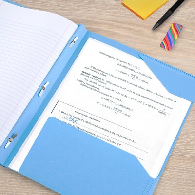 Five Star Stay Put  3-Hole Punched 2 Pocket Plastic Folder with Fasteners, Sky Blue (340300C-ECM26)