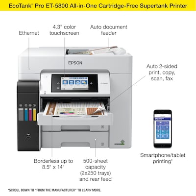 Epson EcoTank Photo ET-8500 Wireless Color All-in-One Supertank Printer  with Scanner, Copier, Ethernet and 4.3-inch Color Touchscreen, White, Large