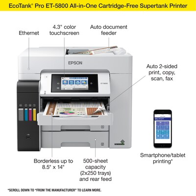 Epson EcoTank Photo ET-8500 Wireless Color All-in-One Supertank Printer  with Scanner, Copier, Ethernet and 4.3-inch Color Touchscreen, White, Large