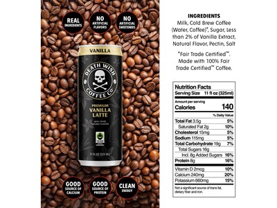 Death Wish Coffee Co. Vanilla Latte Cold Brew Coffee Can, Medium Roast, 11 fl. oz., 12/Carton (LRVNLA12)